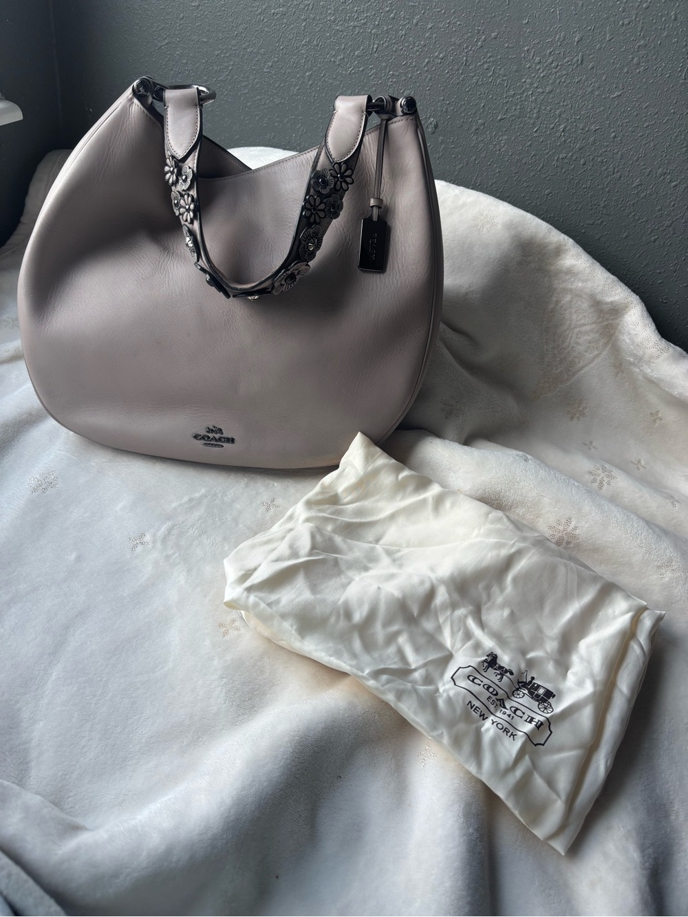 Coach Hobo Shoulder Bag in Pale Gray/Beige with Floral Accent Strap